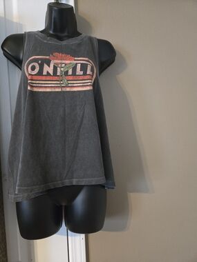 O'Neill Tank Top Womens L Faded Black Rose Logo Mineral Wash Muscle Tank